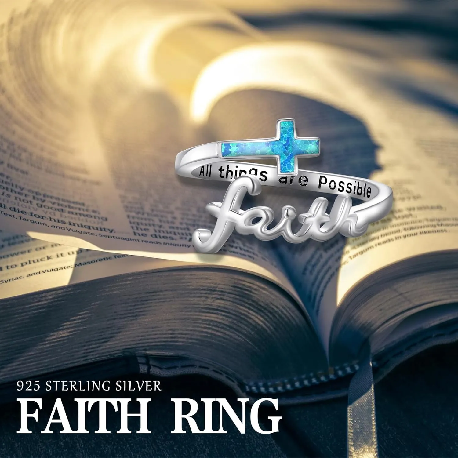 Faith Cross Ring, Sterling Silver Adjustable Abalone/Turquoise/Opal Religious Christian Inspiring Faith Rings for Women
