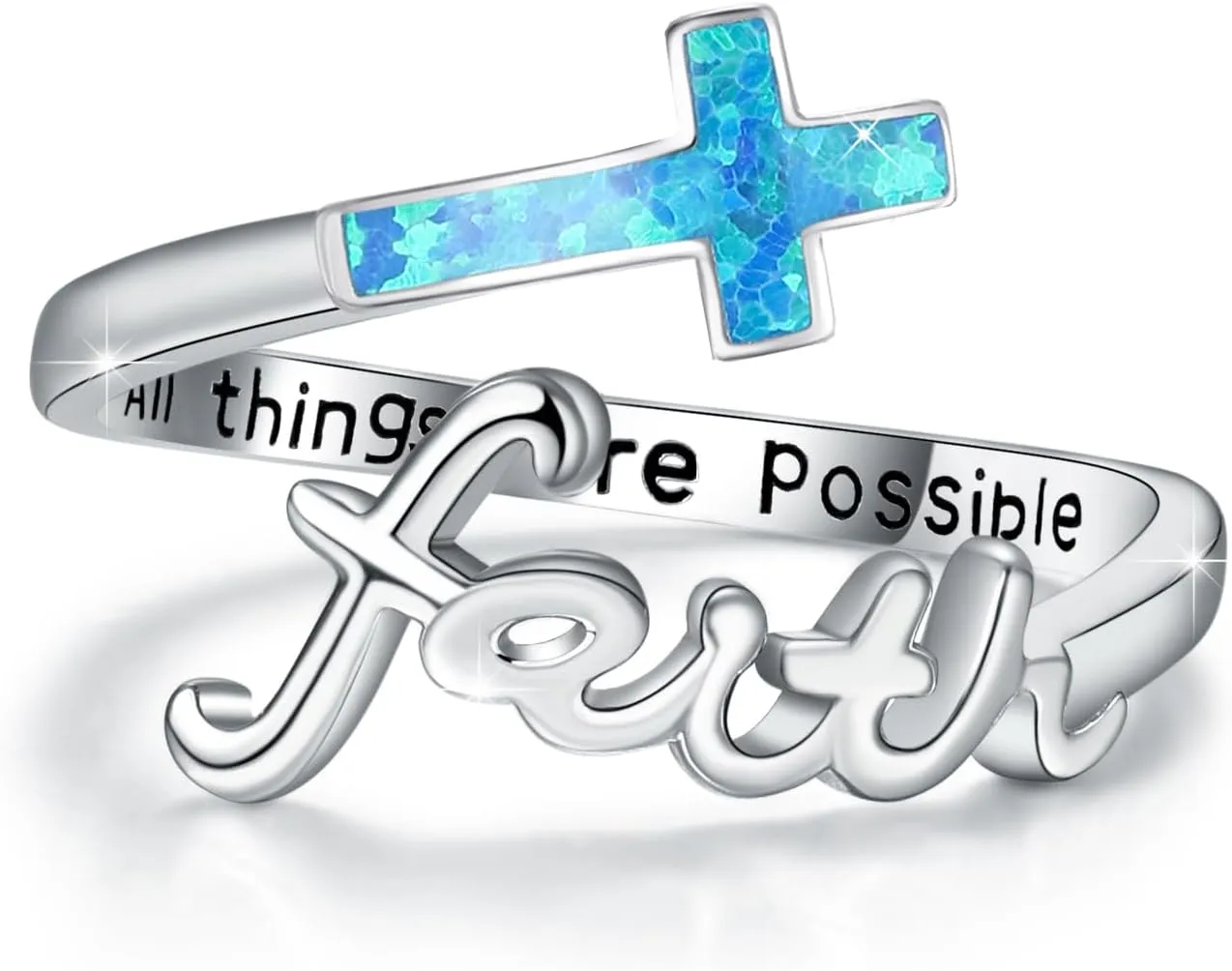 Faith Cross Ring, Sterling Silver Adjustable Abalone/Turquoise/Opal Religious Christian Inspiring Faith Rings for Women