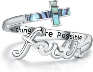 Faith Cross Ring, Sterling Silver Adjustable Abalone/Turquoise/Opal Religious Christian Inspiring Faith Rings for Women