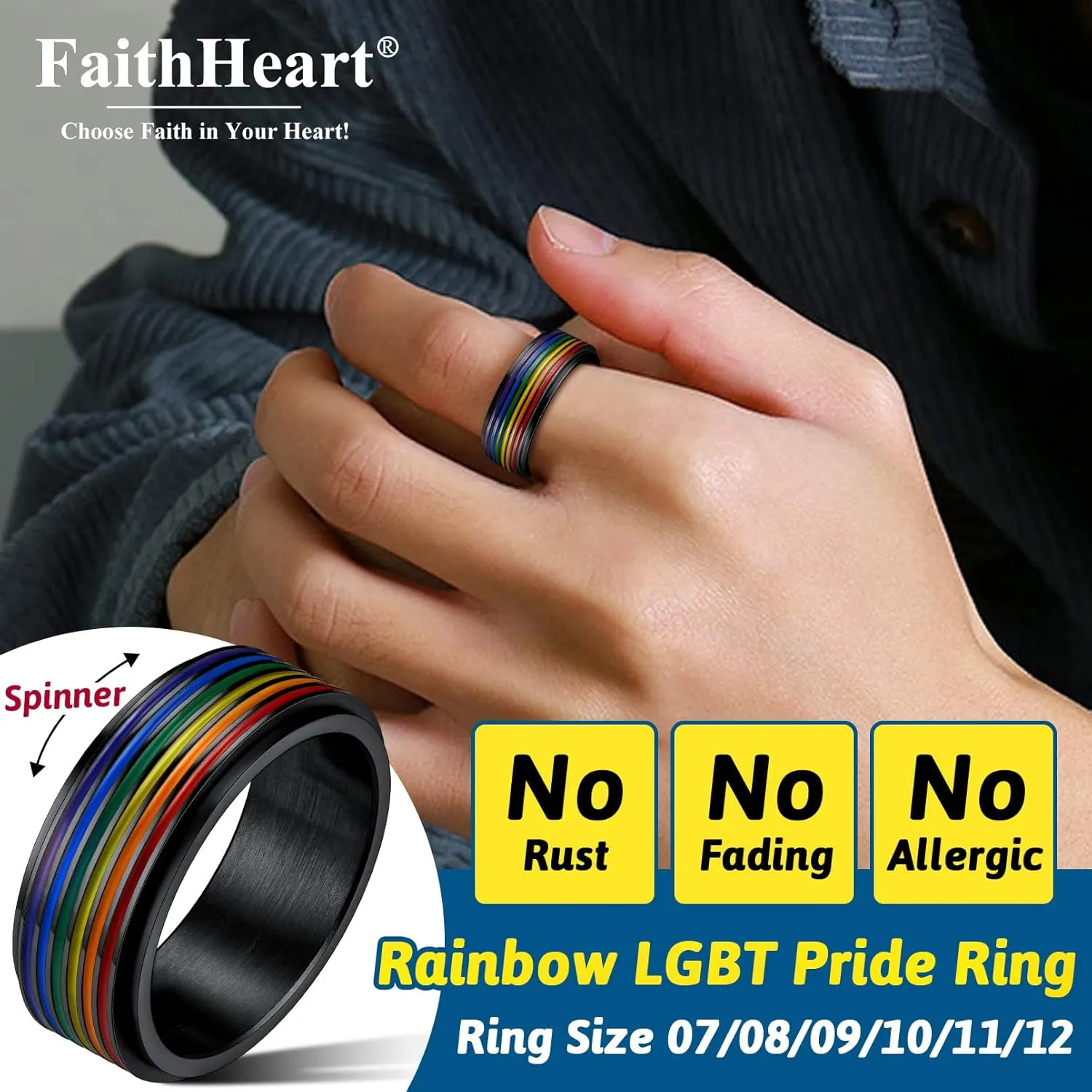 FaithHeart LGBT Pride Rainbow Fidget Rings, Stainless Steel/18K Gold Plated Love is Love Jewelry for Men Women Personalized Customize