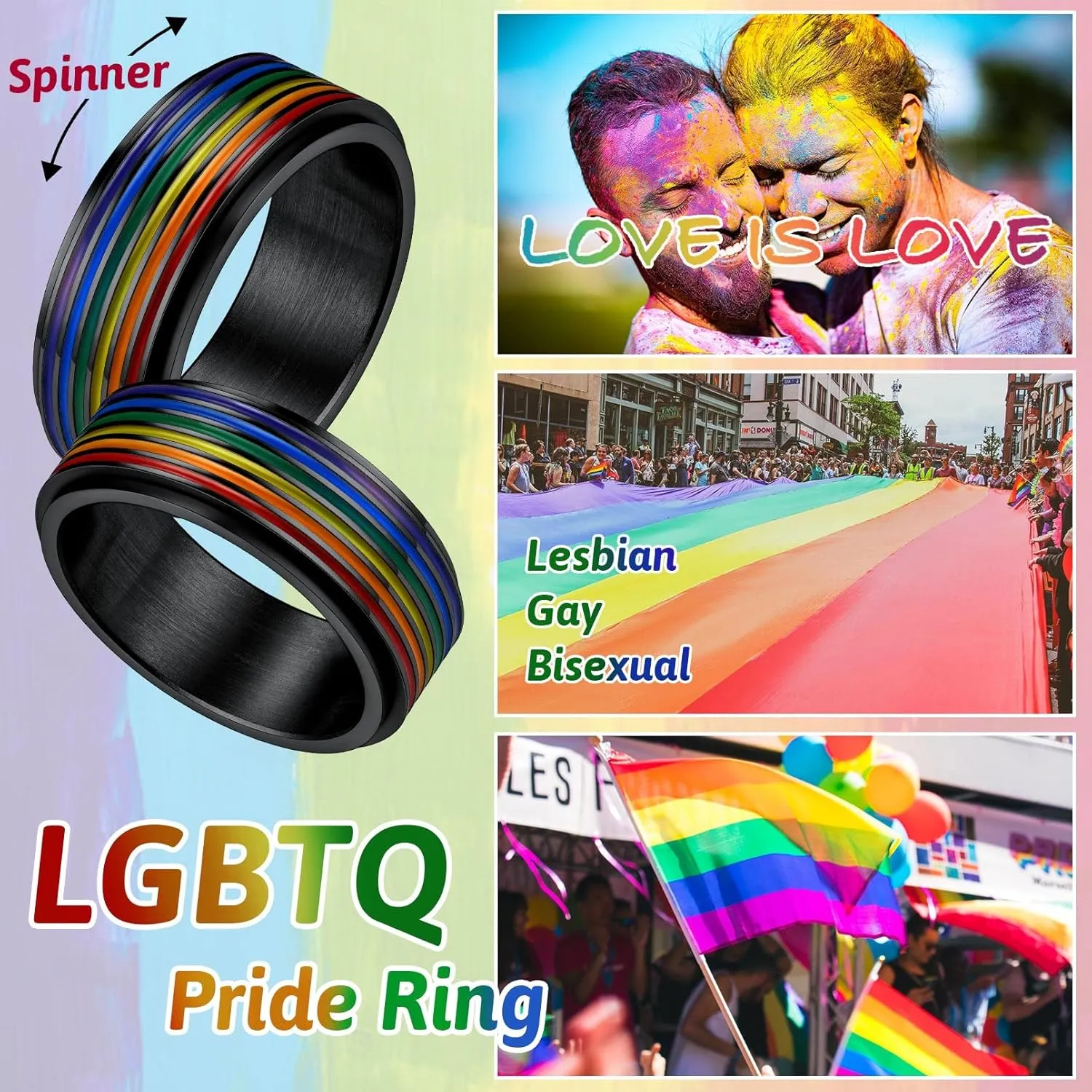 FaithHeart LGBT Pride Rainbow Fidget Rings, Stainless Steel/18K Gold Plated Love is Love Jewelry for Men Women Personalized Customize