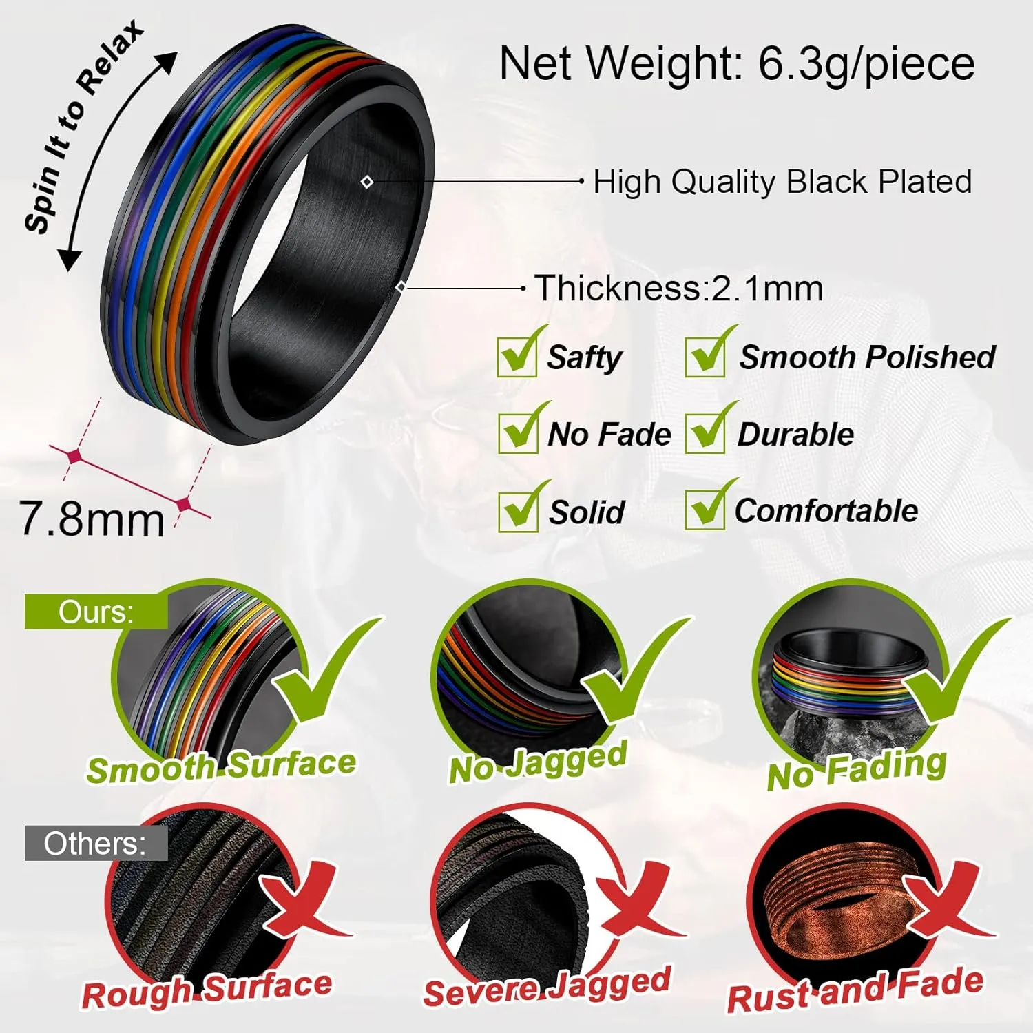 FaithHeart LGBT Pride Rainbow Fidget Rings, Stainless Steel/18K Gold Plated Love is Love Jewelry for Men Women Personalized Customize