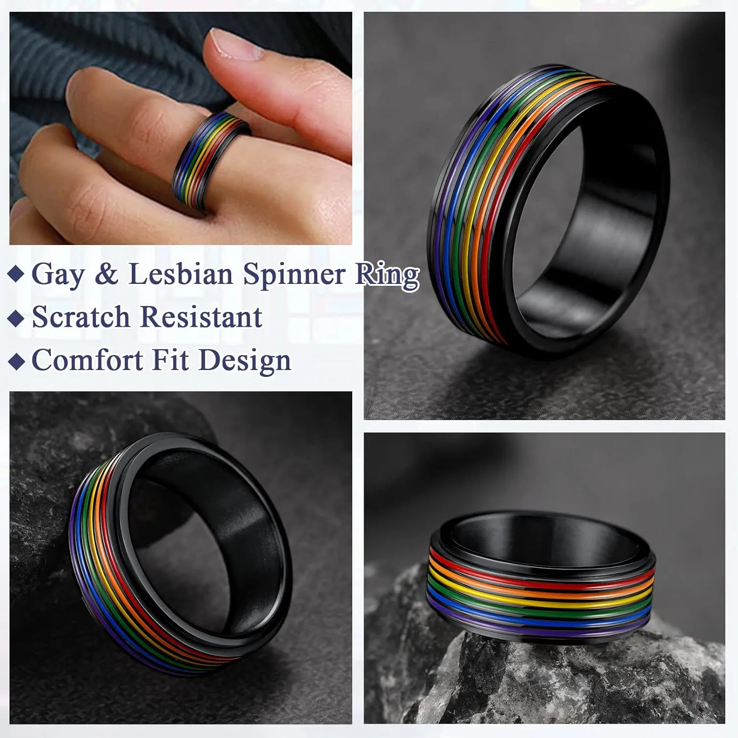 FaithHeart LGBT Pride Rainbow Fidget Rings, Stainless Steel/18K Gold Plated Love is Love Jewelry for Men Women Personalized Customize