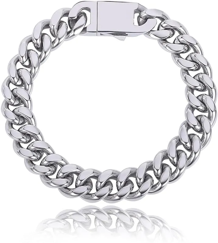 FAMARINE Stainless Steel Cuban Link Chain Bracelets for Men 8/9 Inches, Square Box Buckle Miami Silver Cuban Link Chain Bracelet
