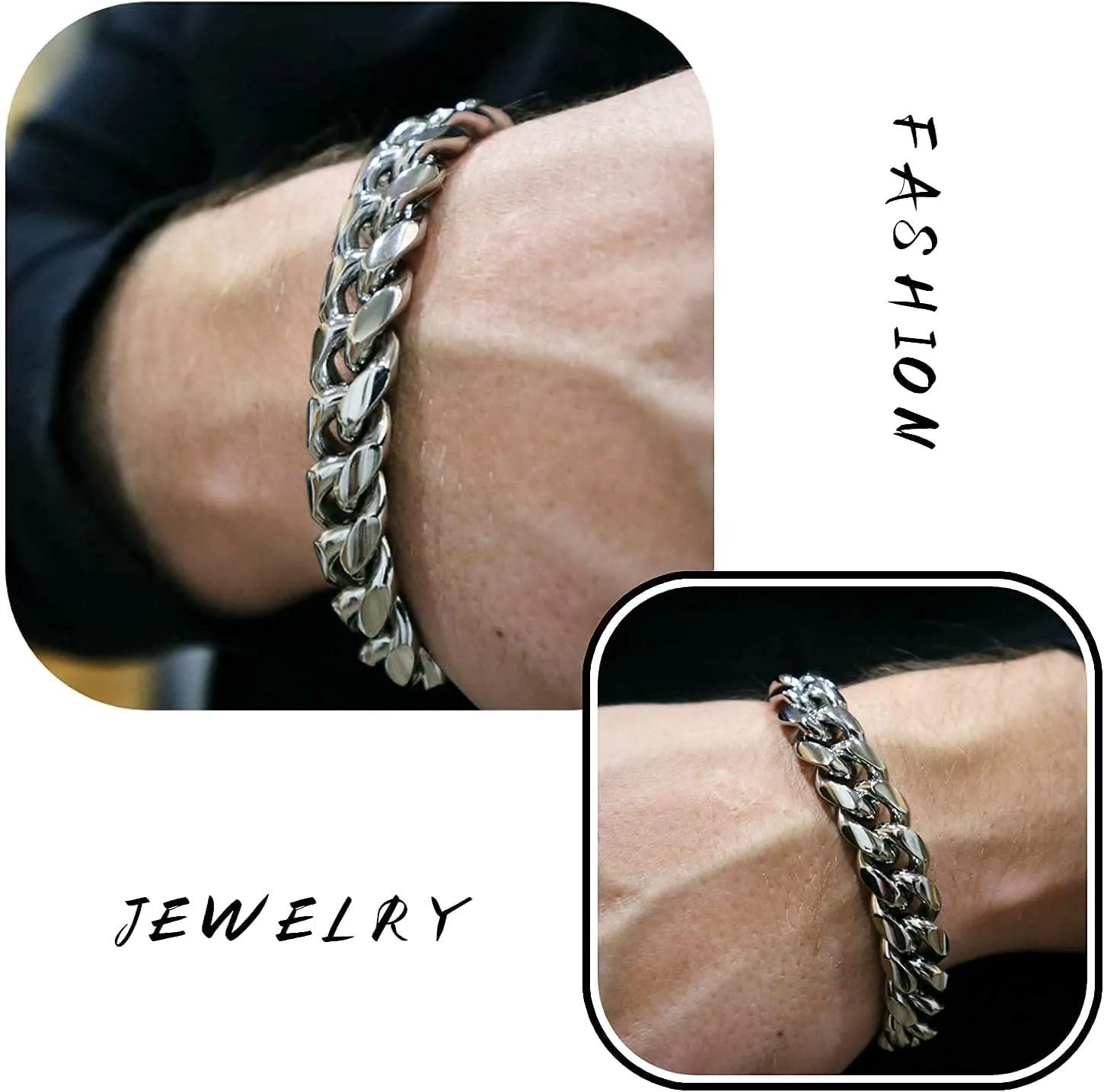 FAMARINE Stainless Steel Cuban Link Chain Bracelets for Men 8/9 Inches, Square Box Buckle Miami Silver Cuban Link Chain Bracelet