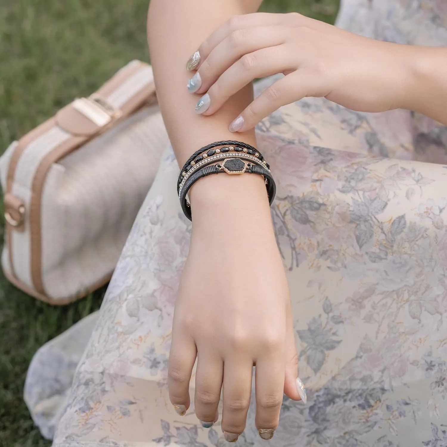 FANCY SHINY Crystal Beaded Leather Wrap Bracelet Stackable Boho Jewelry for Women Resin Stone Bangle Cuff with Magnetic Clasp