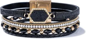 FANCY SHINY Crystal Beaded Leather Wrap Bracelet Stackable Boho Jewelry for Women Resin Stone Bangle Cuff with Magnetic Clasp