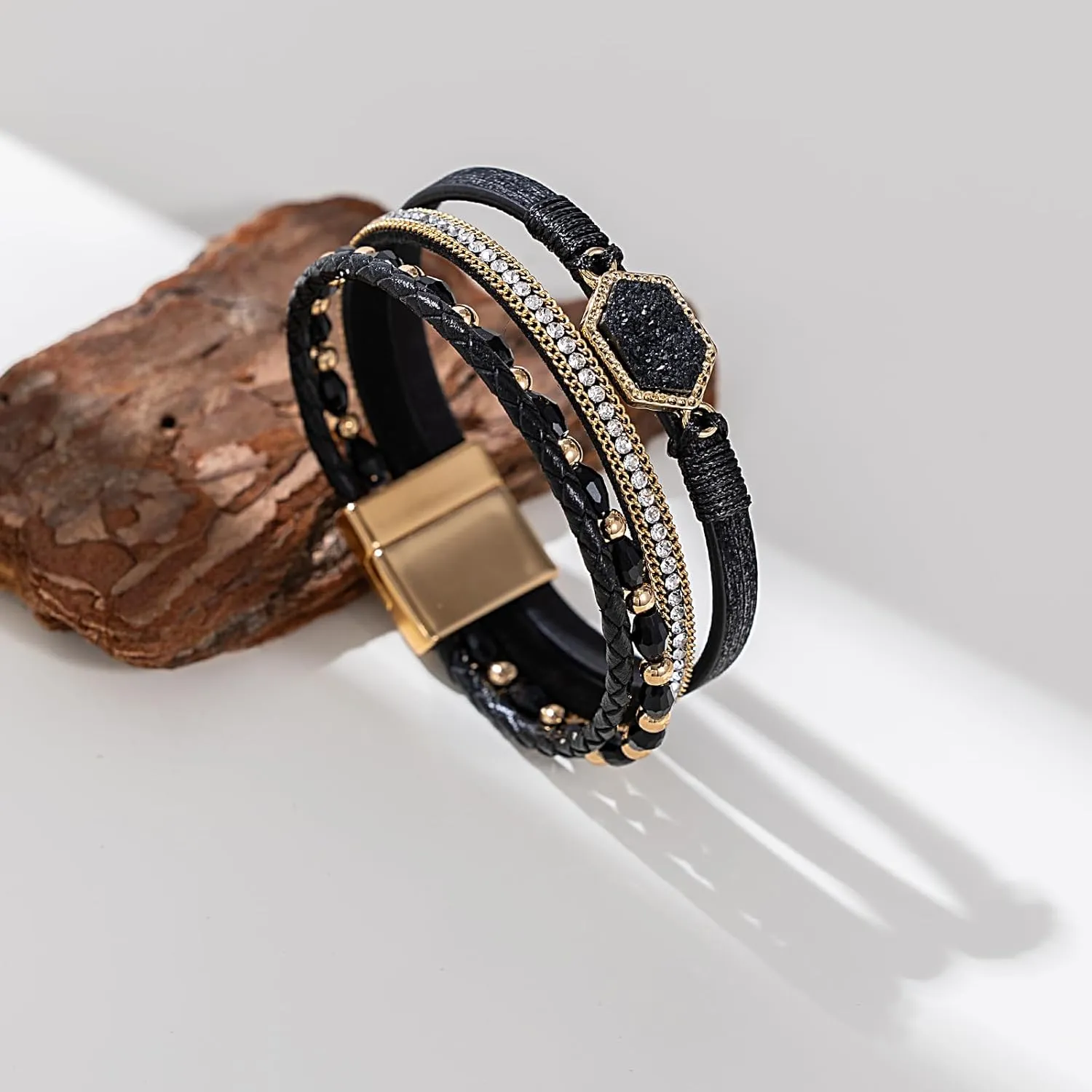 FANCY SHINY Crystal Beaded Leather Wrap Bracelet Stackable Boho Jewelry for Women Resin Stone Bangle Cuff with Magnetic Clasp