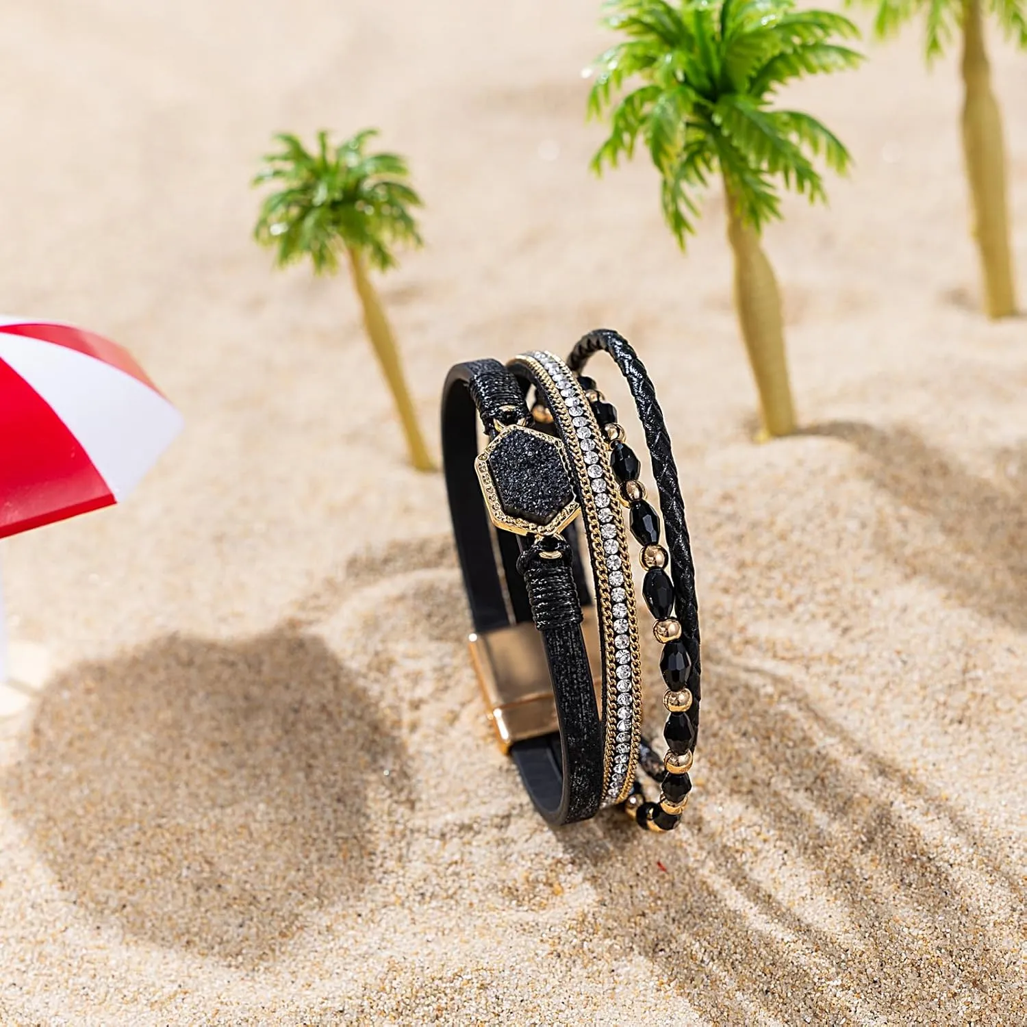 FANCY SHINY Crystal Beaded Leather Wrap Bracelet Stackable Boho Jewelry for Women Resin Stone Bangle Cuff with Magnetic Clasp
