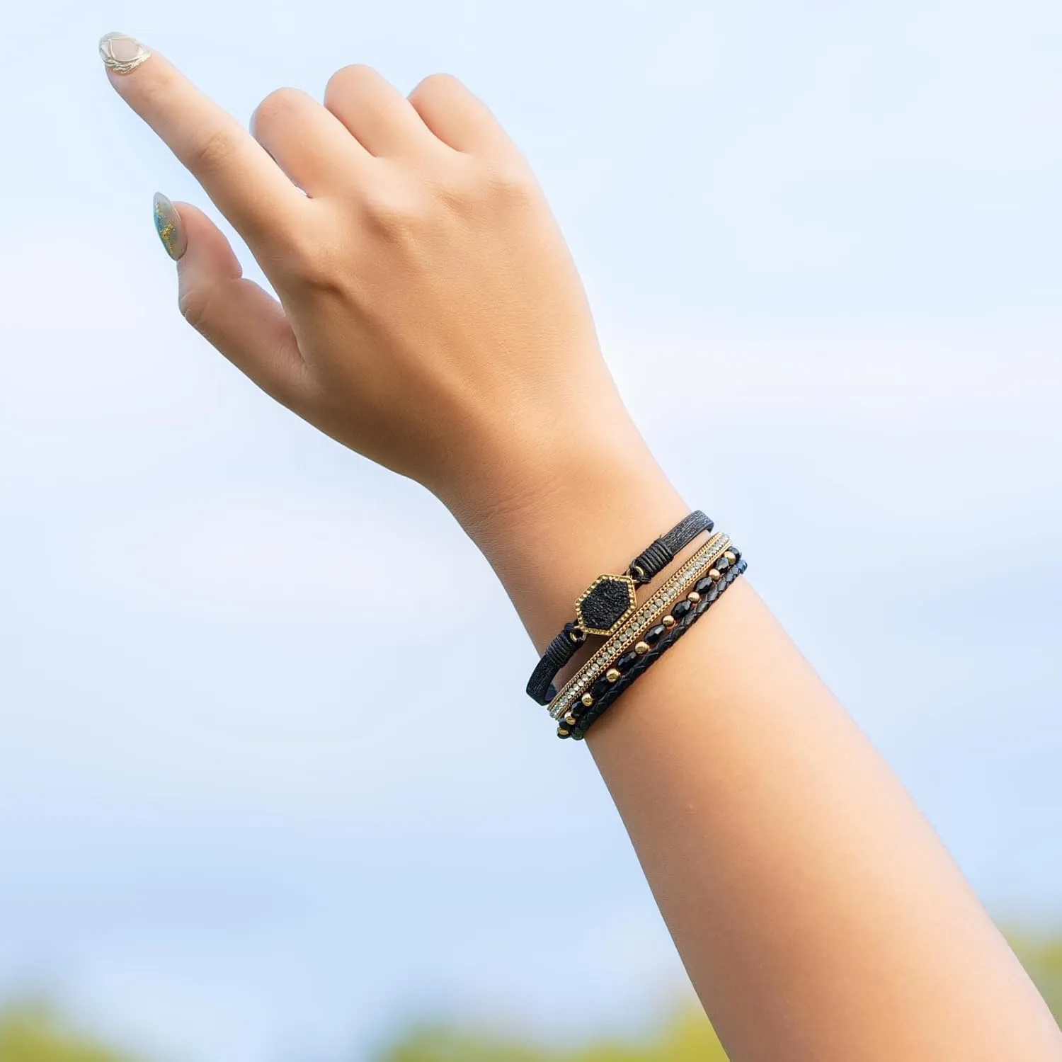 FANCY SHINY Crystal Beaded Leather Wrap Bracelet Stackable Boho Jewelry for Women Resin Stone Bangle Cuff with Magnetic Clasp