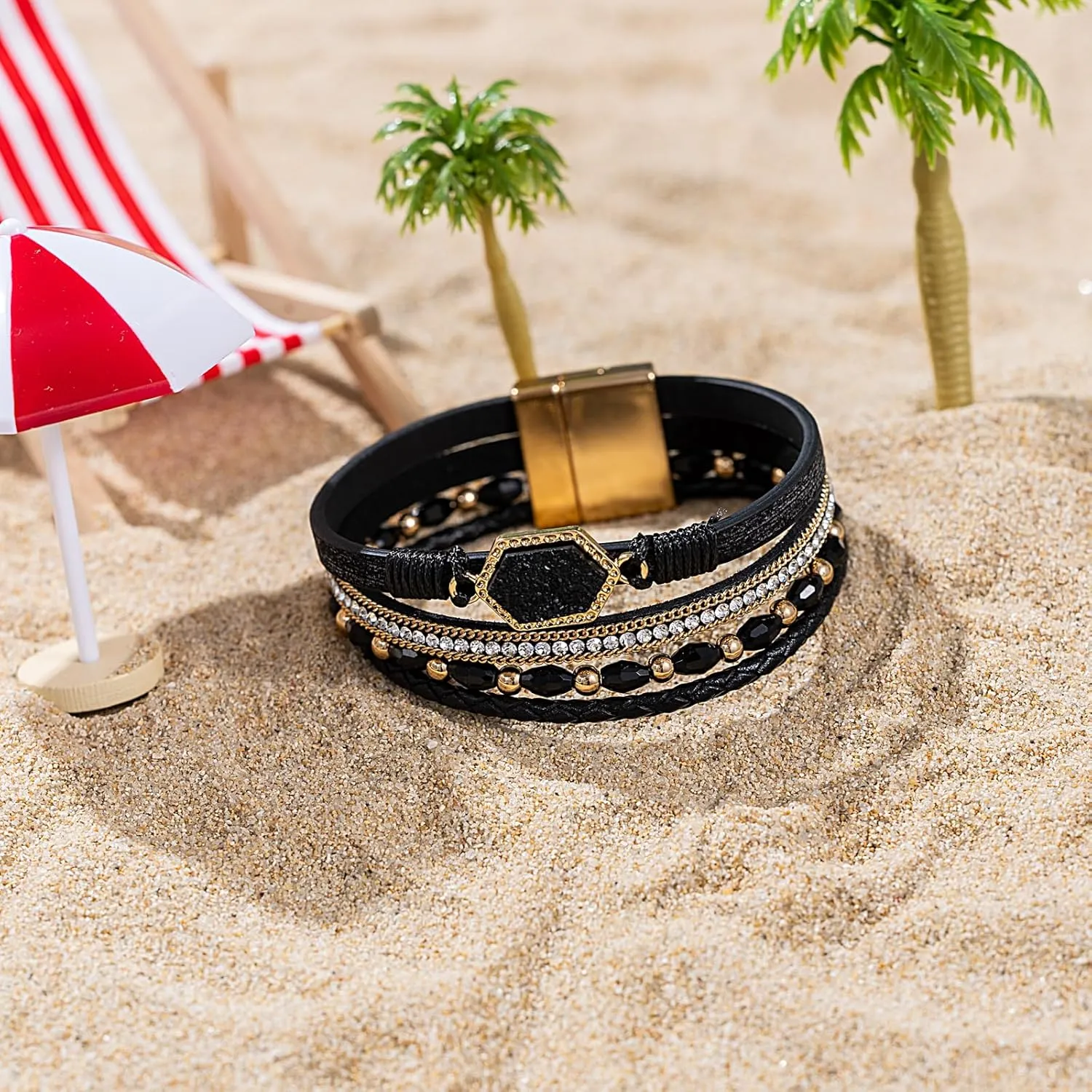 FANCY SHINY Crystal Beaded Leather Wrap Bracelet Stackable Boho Jewelry for Women Resin Stone Bangle Cuff with Magnetic Clasp