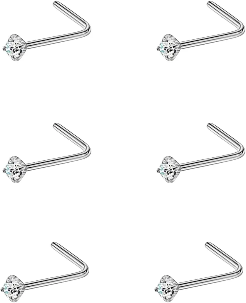 FANSING Titanium Nose Studs L Shaped Nose Rings for Women Men Nostril Piercing Studs with Cubic Zirconia End
