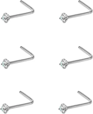 FANSING Titanium Nose Studs L Shaped Nose Rings for Women Men Nostril Piercing Studs with Cubic Zirconia End