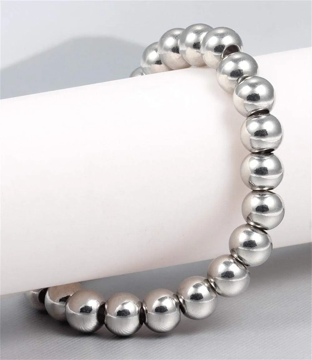 Fashion 8mm 316L Stainless Steel Rosary Beaded Chain Bracelet for Women Men 7-11 inches