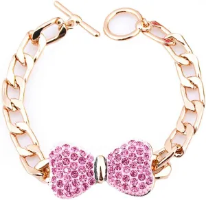 Fashion Bowtie Pink Crystal Hearts Toggle Link Bracelet