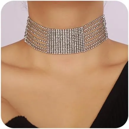 Fashion Prom Shinny Full Rhinestones Gold Silver Short Choker Necklace Dainty Layered Sexy Body Chain Geometry Choker Necklace Dainty Halloween Christmas Necklace Jewelry Gift for Women