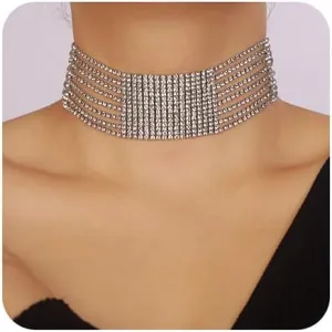 Fashion Prom Shinny Full Rhinestones Gold Silver Short Choker Necklace Dainty Layered Sexy Body Chain Geometry Choker Necklace Dainty Halloween Christmas Necklace Jewelry Gift for Women