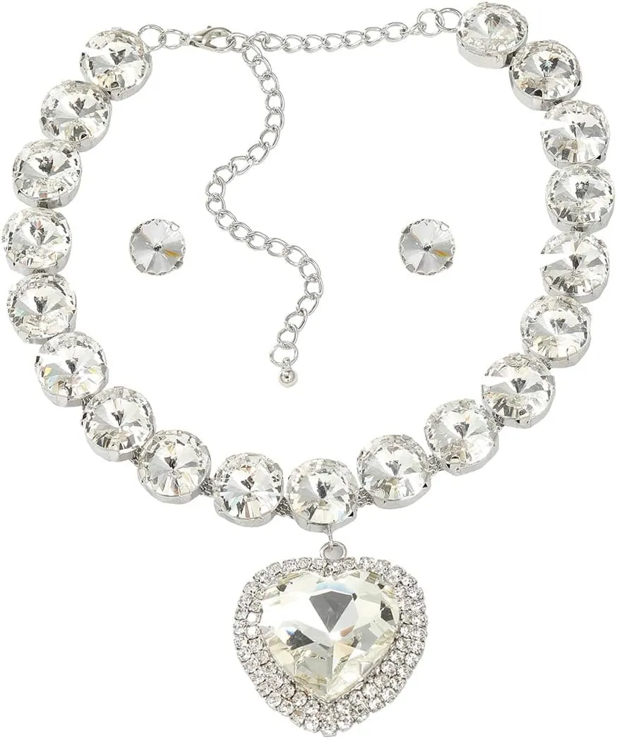 Fashion Prom Shinny Full Rhinestones Love Choker Necklace Earrings Set Dainty Layered Sexy Body Chain Pink Choker Necklace Dainty Gold Silver Halloween Christmas Crystals Necklace for Women