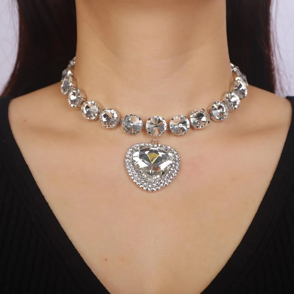 Fashion Prom Shinny Full Rhinestones Love Choker Necklace Earrings Set Dainty Layered Sexy Body Chain Pink Choker Necklace Dainty Gold Silver Halloween Christmas Crystals Necklace for Women