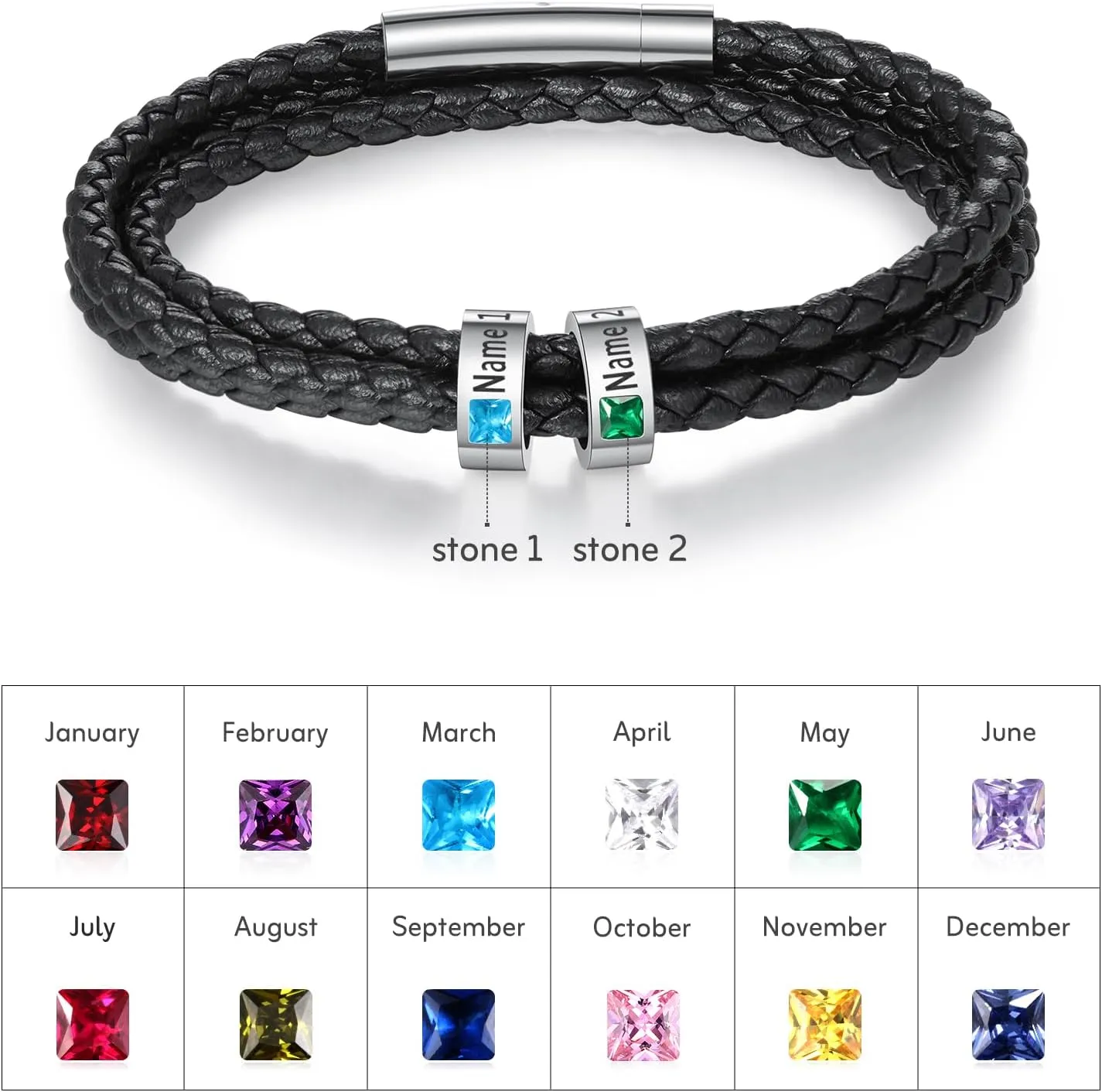 Fathers Day Custom Bracelet for Men Personalized Mens Black Braid Leather Bracelets Customized Beads Engraved 1-8 Birthstone Names Jewelry Gifts for Dad Husband Christmas Valentines