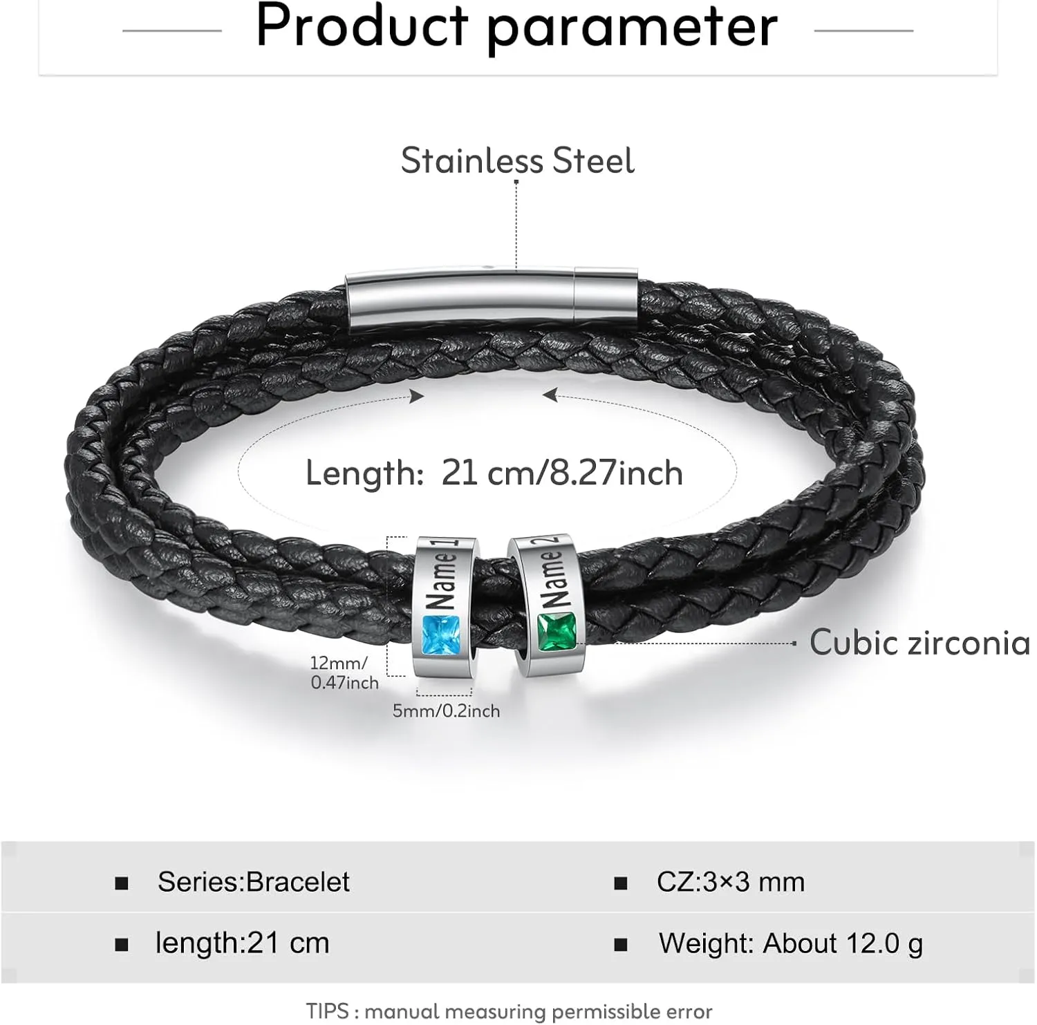 Fathers Day Custom Bracelet for Men Personalized Mens Black Braid Leather Bracelets Customized Beads Engraved 1-8 Birthstone Names Jewelry Gifts for Dad Husband Christmas Valentines