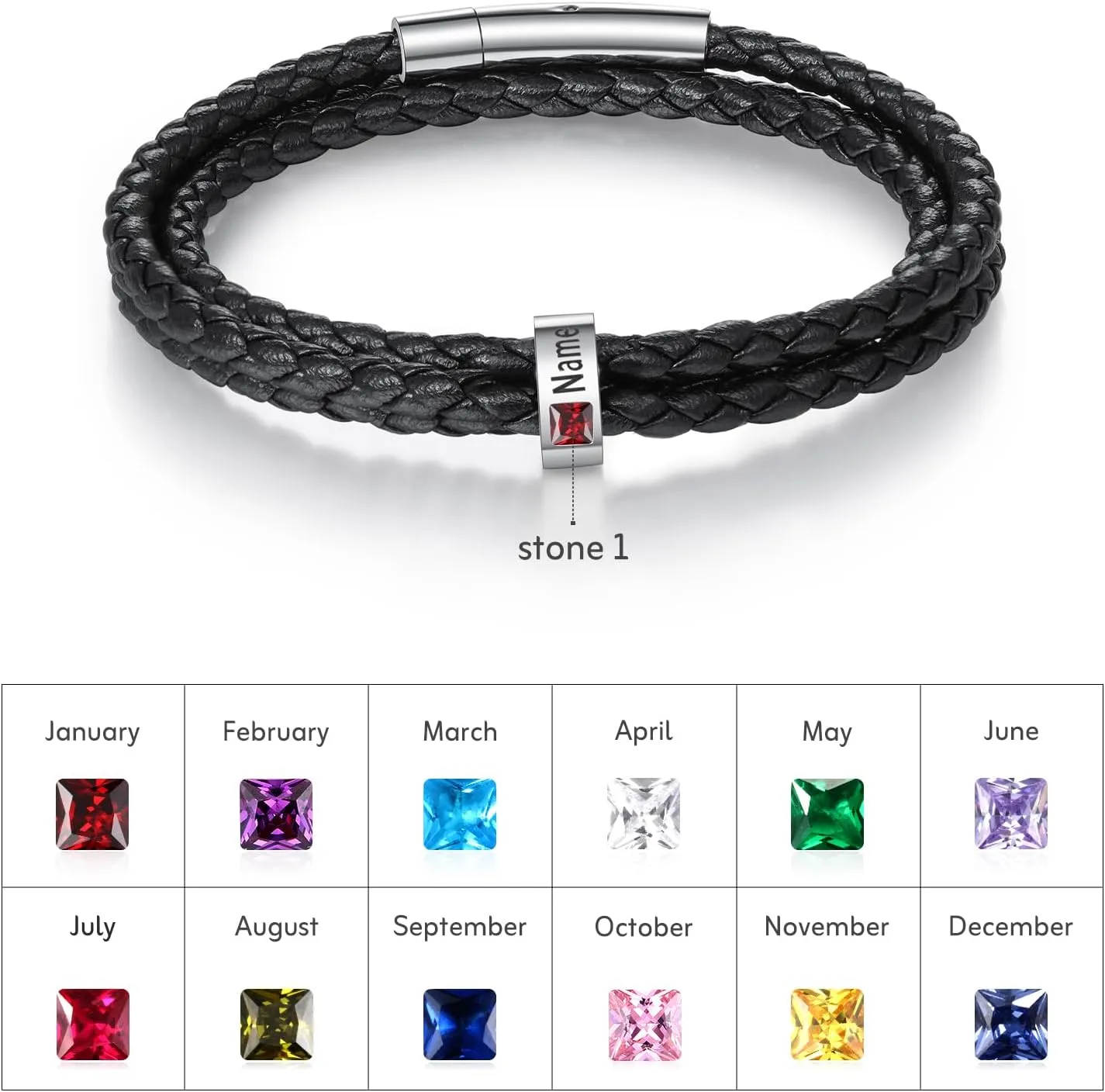 Fathers Day Custom Bracelet for Men Personalized Mens Black Braid Leather Bracelets Customized Beads Engraved 1-8 Birthstone Names Jewelry Gifts for Dad Husband Christmas Valentines