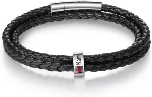 Fathers Day Custom Bracelet for Men Personalized Mens Black Braid Leather Bracelets Customized Beads Engraved 1-8 Birthstone Names Jewelry Gifts for Dad Husband Christmas Valentines