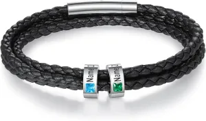 Fathers Day Custom Bracelet for Men Personalized Mens Black Braid Leather Bracelets Customized Beads Engraved 1-8 Birthstone Names Jewelry Gifts for Dad Husband Christmas Valentines