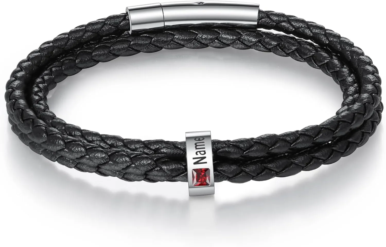 Fathers Day Custom Bracelet for Men Personalized Mens Black Braid Leather Bracelets Customized Beads Engraved 1-8 Birthstone Names Jewelry Gifts for Dad Husband Christmas Valentines