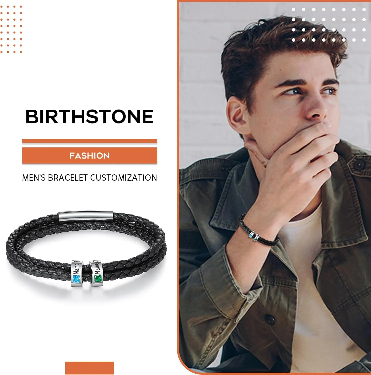 Fathers Day Custom Bracelet for Men Personalized Mens Black Braid Leather Bracelets Customized Beads Engraved 1-8 Birthstone Names Jewelry Gifts for Dad Husband Christmas Valentines
