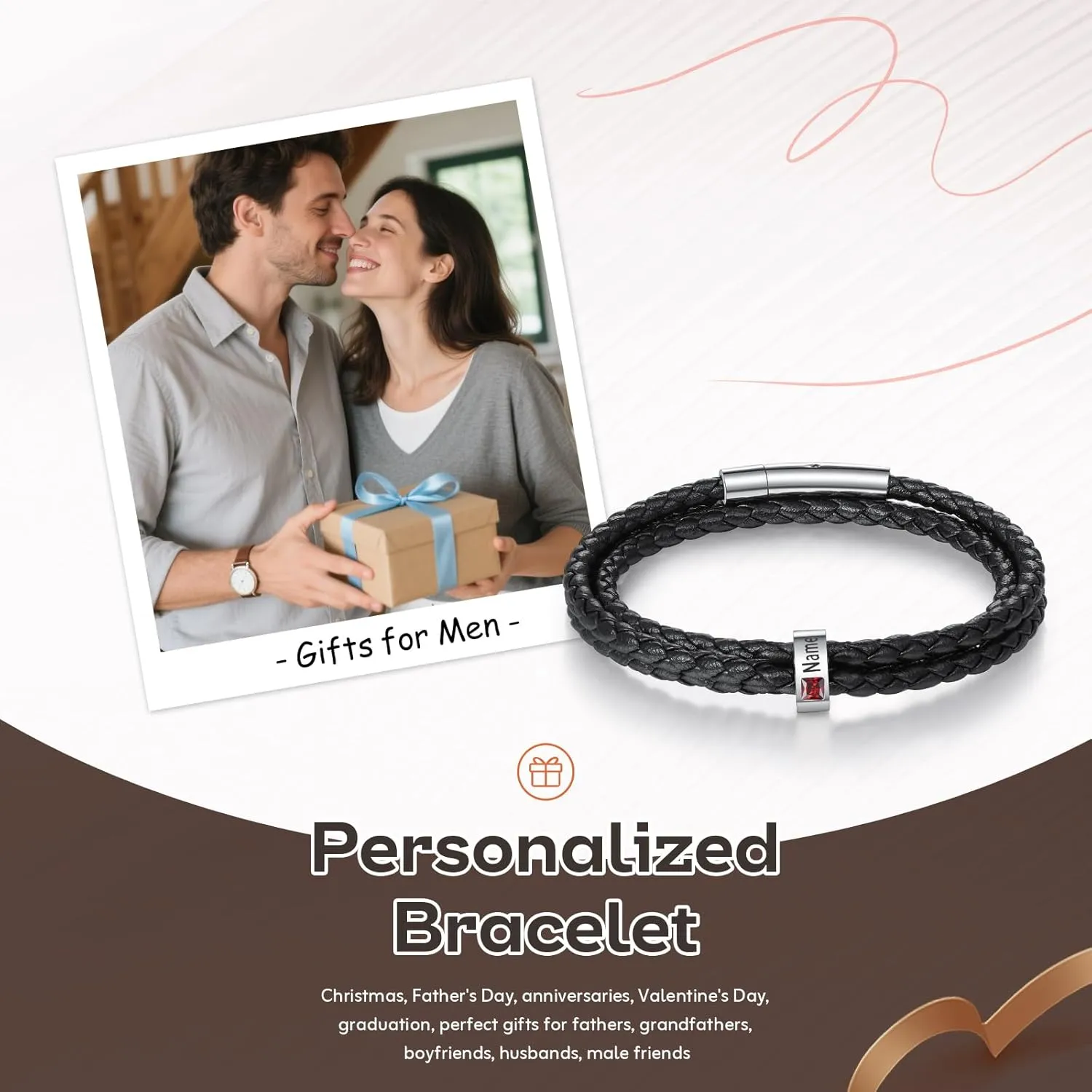 Fathers Day Custom Bracelet for Men Personalized Mens Black Braid Leather Bracelets Customized Beads Engraved 1-8 Birthstone Names Jewelry Gifts for Dad Husband Christmas Valentines