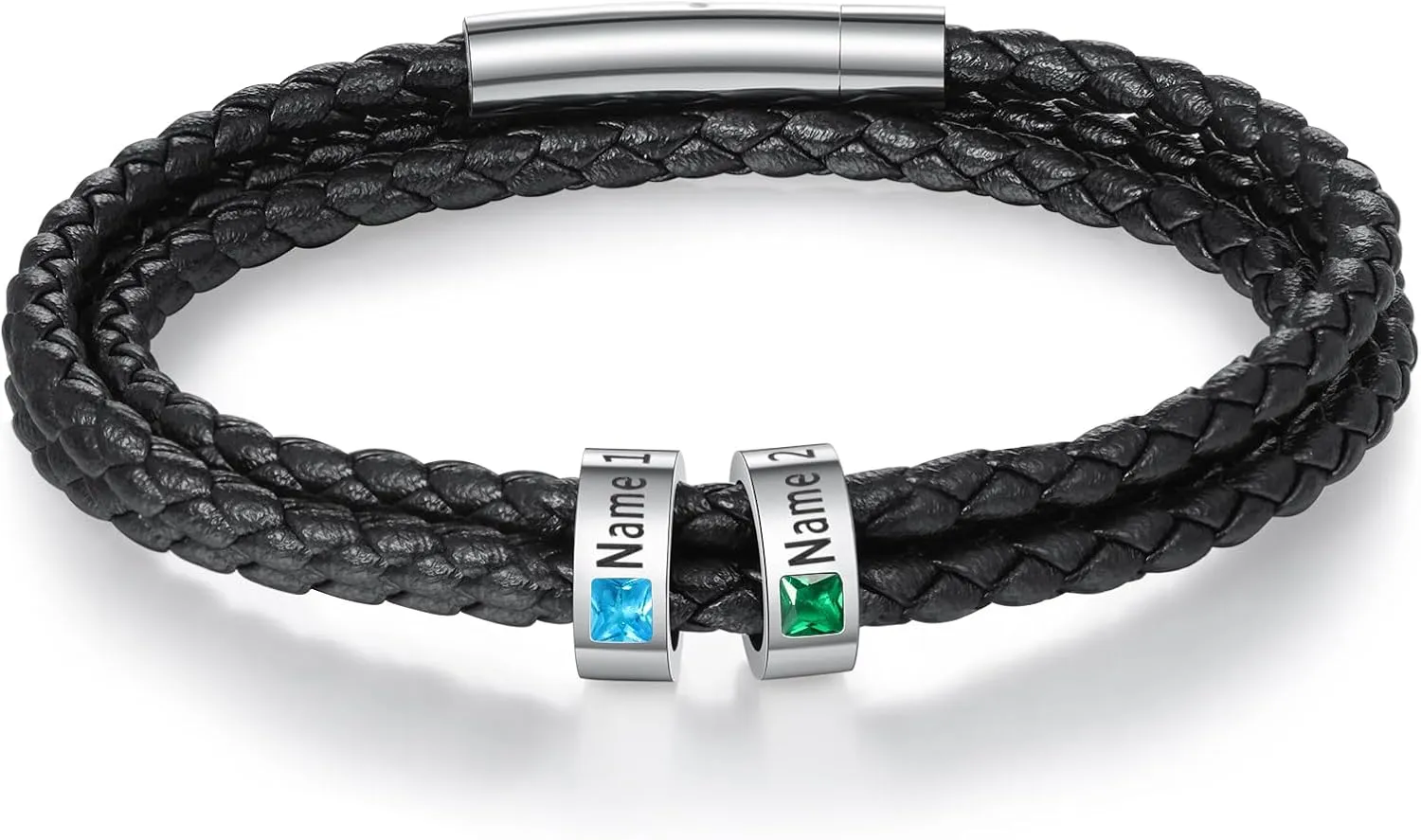 Fathers Day Custom Bracelet for Men Personalized Mens Black Braid Leather Bracelets Customized Beads Engraved 1-8 Birthstone Names Jewelry Gifts for Dad Husband Christmas Valentines