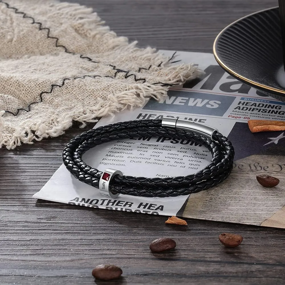 Fathers Day Custom Bracelet for Men Personalized Mens Black Braid Leather Bracelets Customized Beads Engraved 1-8 Birthstone Names Jewelry Gifts for Dad Husband Christmas Valentines