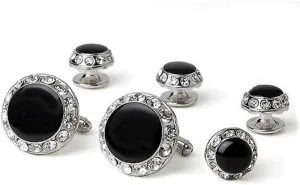 Faux Onyx Center with Crystal Edge in Silver Cufflinks and Studs