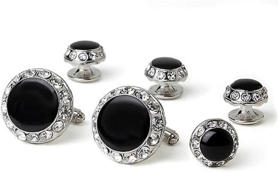 Faux Onyx Center with Crystal Edge in Silver Cufflinks and Studs