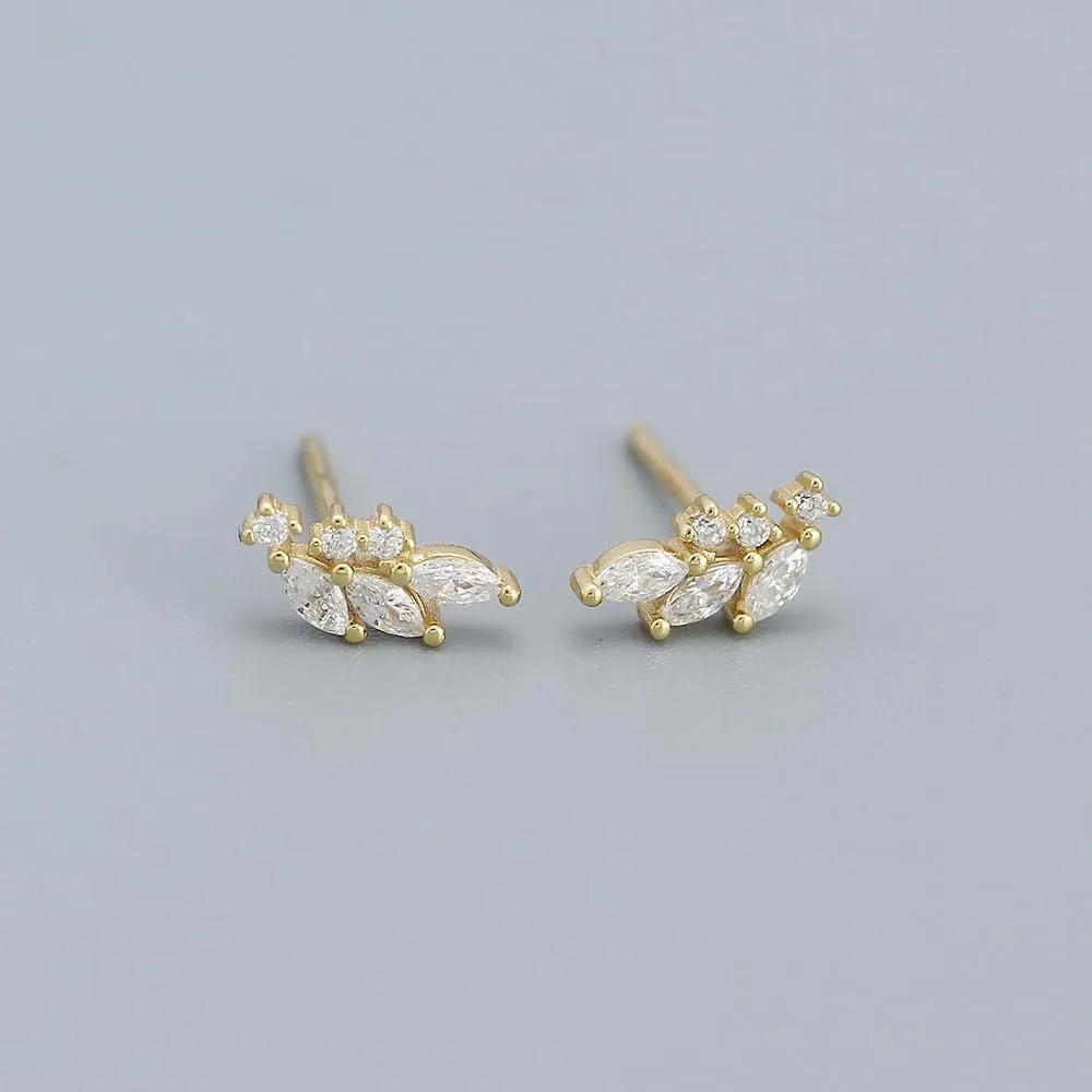 Feather 925 Sterling Silver AAA  CZ Cubic Zirconia Tiny Stud Earrings Ear Climber Dainty Minimal Bridesmaid Gift Birthday Christmas Mother Hypoallergenic Women Teenager (14K White/Yellow Gold Plated)