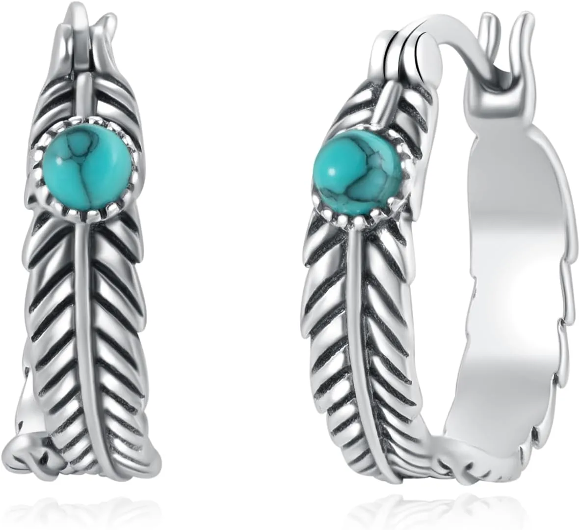 Feather Hoop Earrings 925 Sterling Silver Turquoise Earrings Western Jewelry Feather Gifts for Women