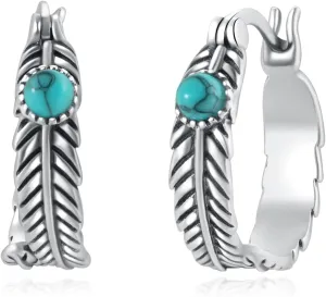 Feather Hoop Earrings 925 Sterling Silver Turquoise Earrings Western Jewelry Feather Gifts for Women