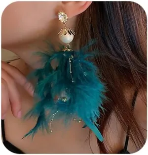 Feather Tassel Earrings Pearl Rhinestone Feather Long Dangle Earrings Bohemian Earrings for Women