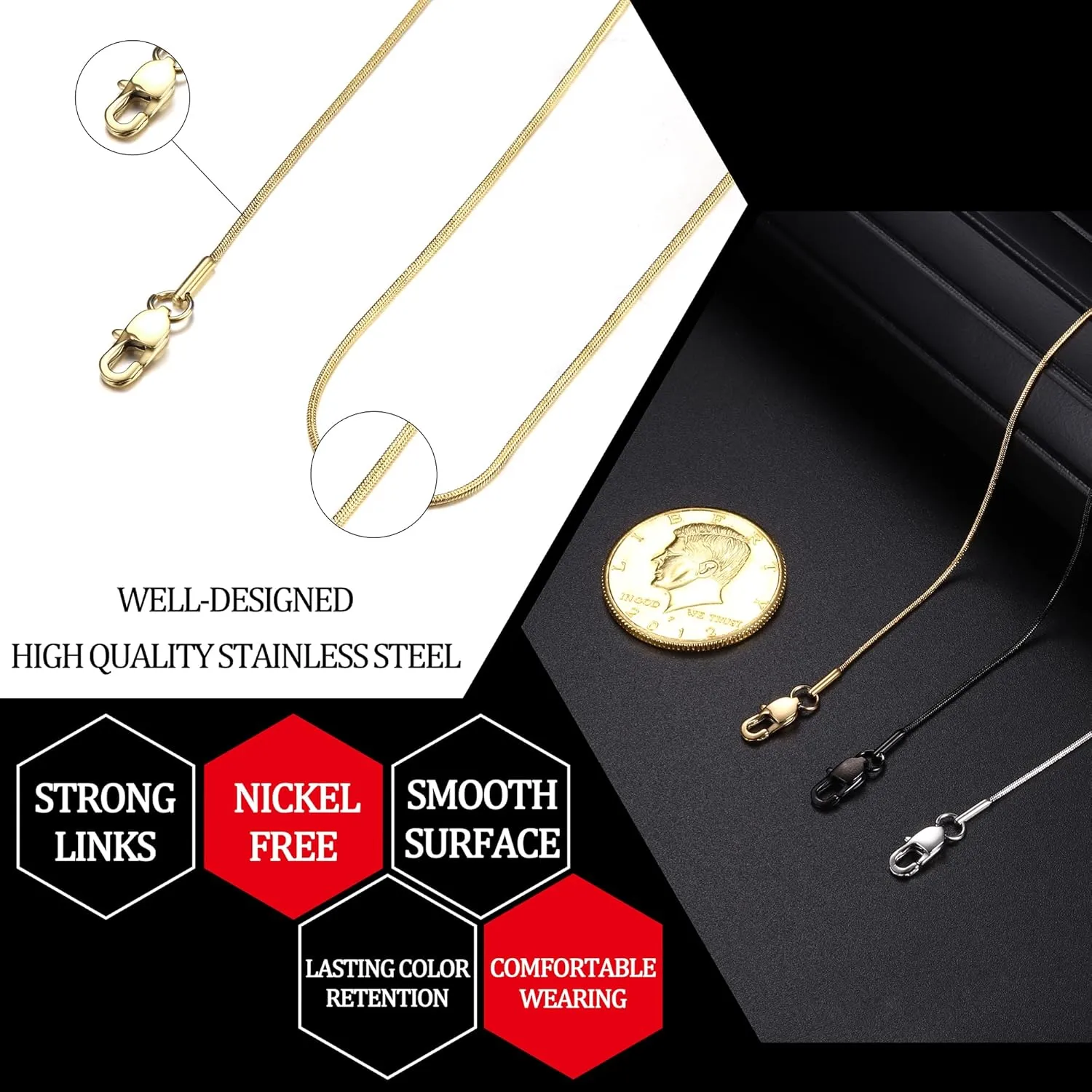 FIBO STEEL 0.9mm Stainless Steel Mens Womens Necklace Snake Chain 3 Pcs a Set, 14-36 inches