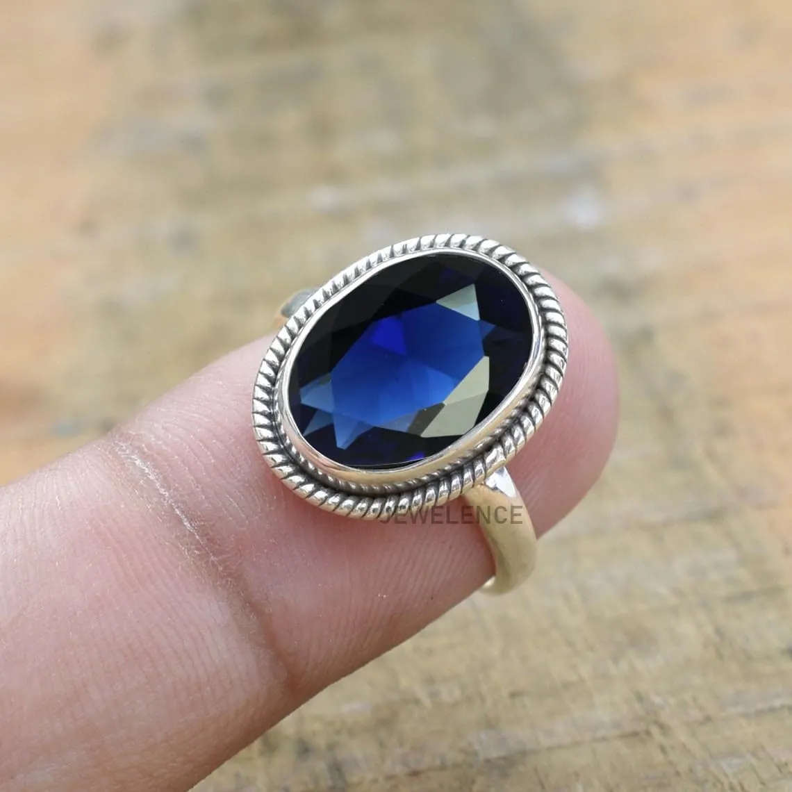 Fine Sterling Silver Ring For Womens Blue Sapphire Ring Sterling Silver Statement Ring Bezel Set Gemstone Ring