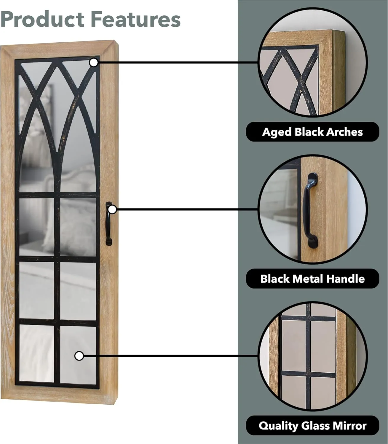 FirsTime & Co. Brown Rustic Arch Jewelry Armoire, Necklace Organizer for Bedroom Storage, Full Length Mirror Wall Vanity, Wood, Farmhouse, 43 x 14 inches