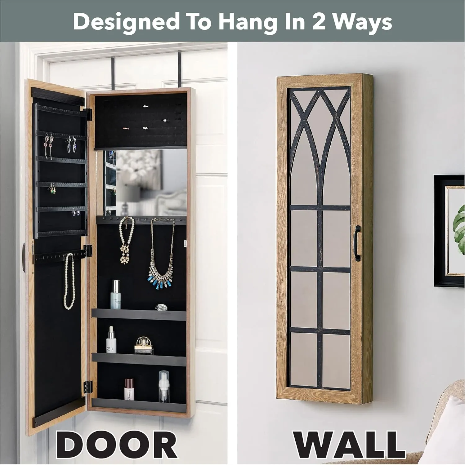 FirsTime & Co. Brown Rustic Arch Jewelry Armoire, Necklace Organizer for Bedroom Storage, Full Length Mirror Wall Vanity, Wood, Farmhouse, 43 x 14 inches