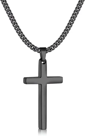 Fiusem Black Necklace for Man, Cross Necklaces with 3.5mm Chain and Stainless Steel Cross Pendant, Cuban Chain 16-24 Inches