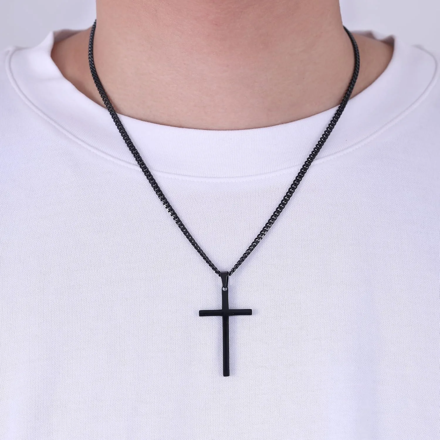 Fiusem Black Necklace for Man, Cross Necklaces with 3.5mm Chain and Stainless Steel Cross Pendant, Cuban Chain 16-24 Inches