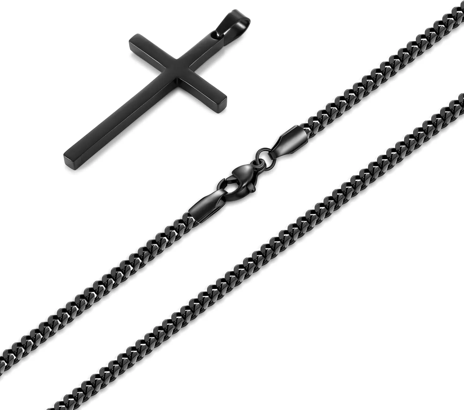 Fiusem Black Necklace for Man, Cross Necklaces with 3.5mm Chain and Stainless Steel Cross Pendant, Cuban Chain 16-24 Inches