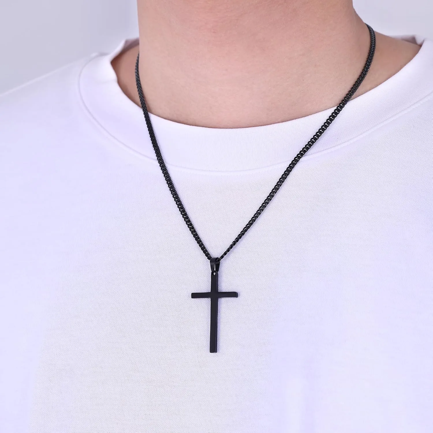 Fiusem Black Necklace for Man, Cross Necklaces with 3.5mm Chain and Stainless Steel Cross Pendant, Cuban Chain 16-24 Inches