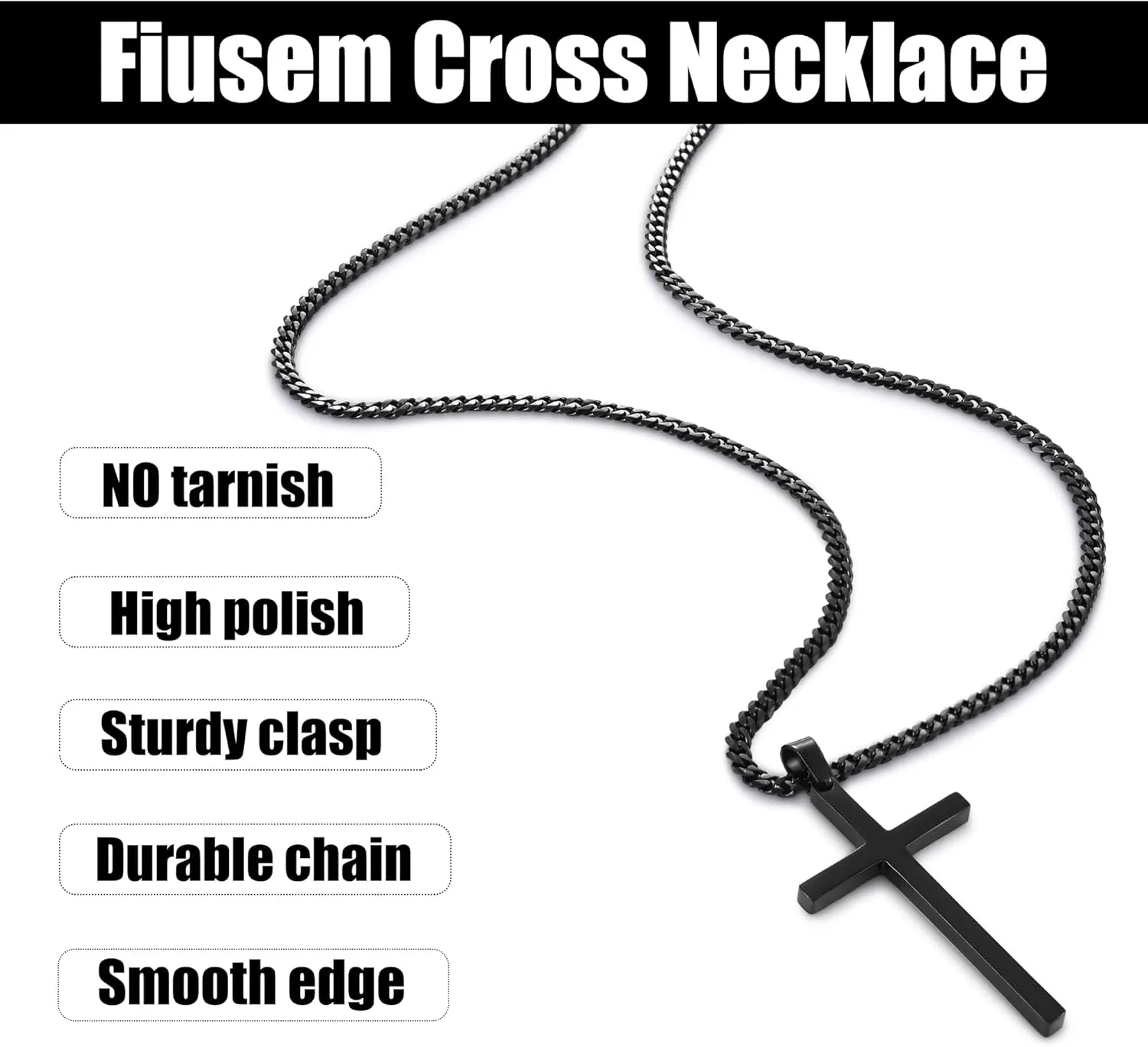 Fiusem Black Necklace for Man, Cross Necklaces with 3.5mm Chain and Stainless Steel Cross Pendant, Cuban Chain 16-24 Inches