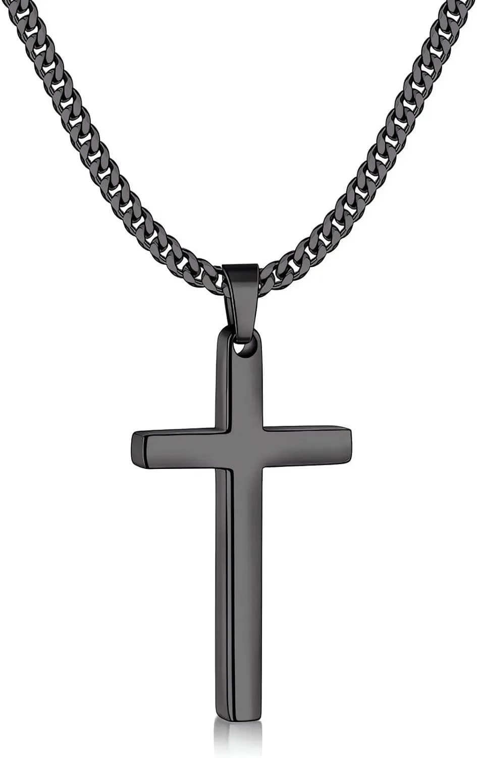 Fiusem Black Necklace for Man, Cross Necklaces with 3.5mm Chain and Stainless Steel Cross Pendant, Cuban Chain 16-24 Inches