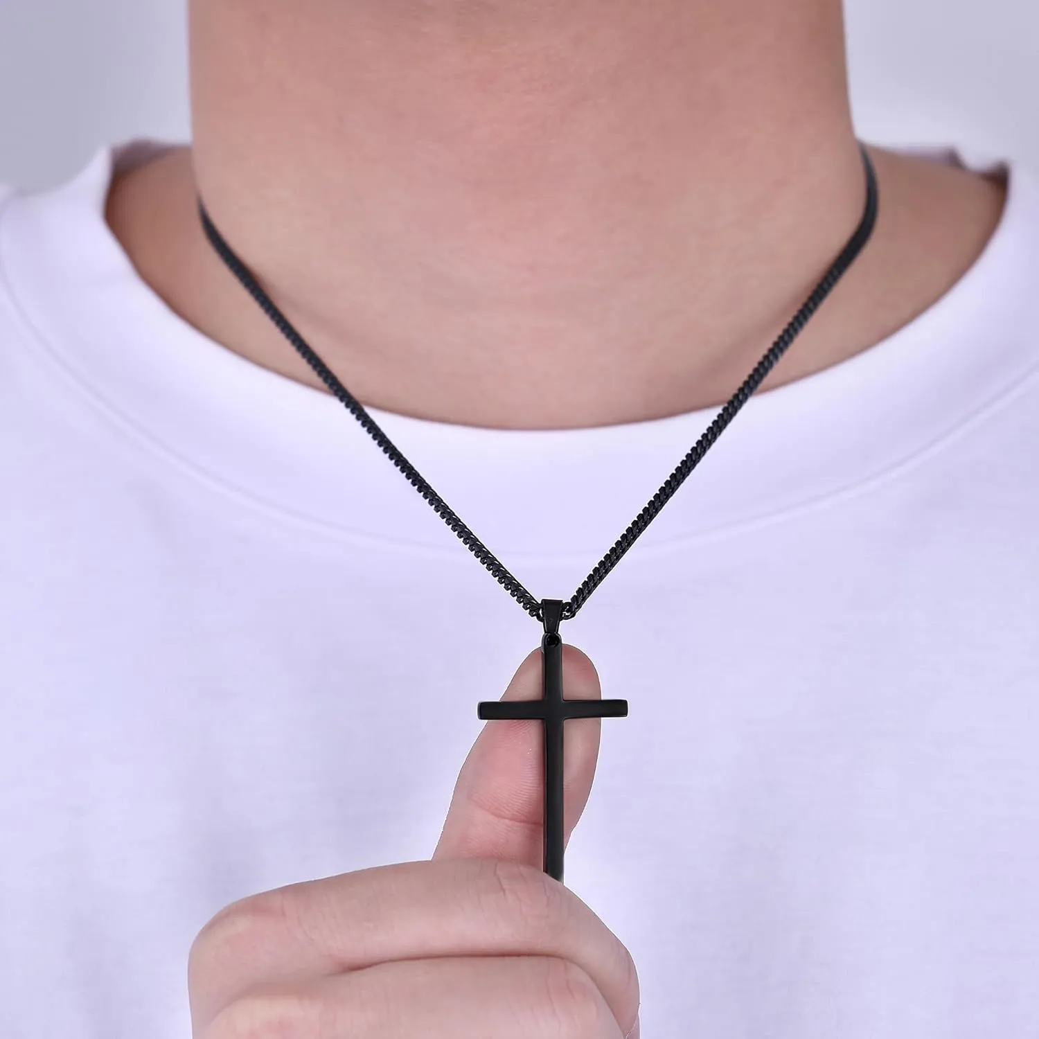 Fiusem Black Necklace for Man, Cross Necklaces with 3.5mm Chain and Stainless Steel Cross Pendant, Cuban Chain 16-24 Inches